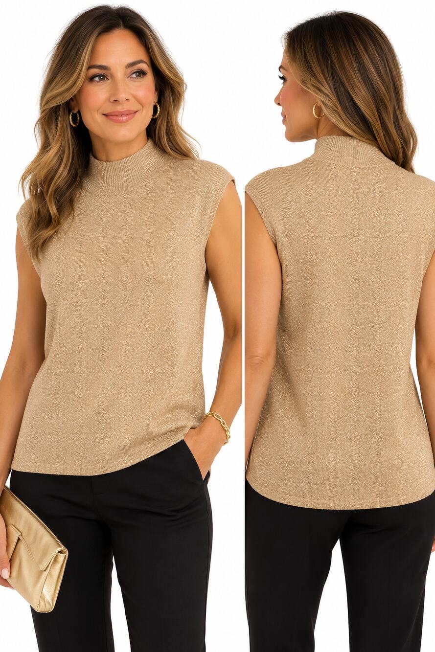 Coldwater Creek Silk Blend Gold Shimmer Mock Neck Sleeveless Top Large Silk